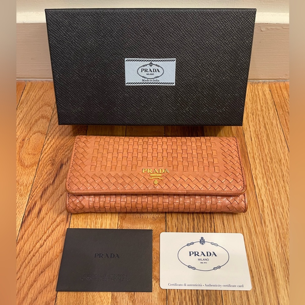 Prada Madras Woven Leather Continental Wallet in Rose